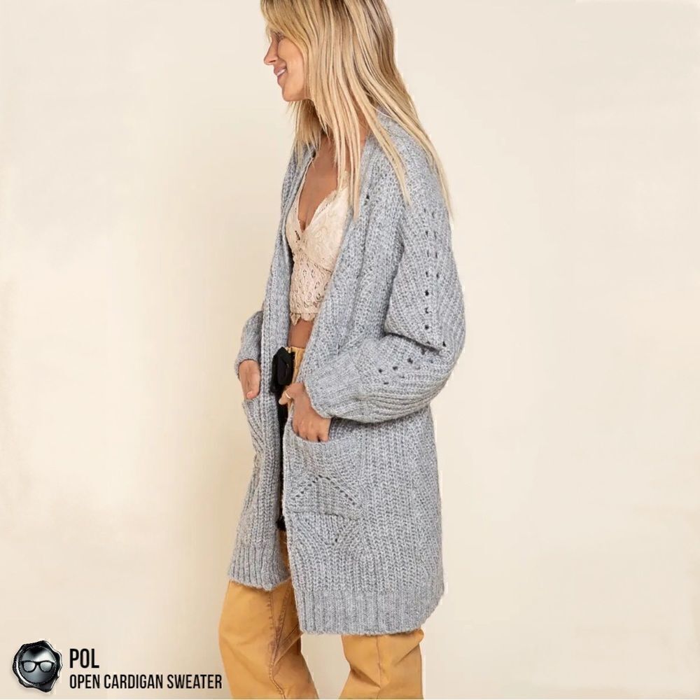 POL CHUNKY CABLE KNIT DUSTER CARDIGAN SWEATER HEATHER GREY WOMEN’S SIZE MEDIUM - Picture 4 of 15